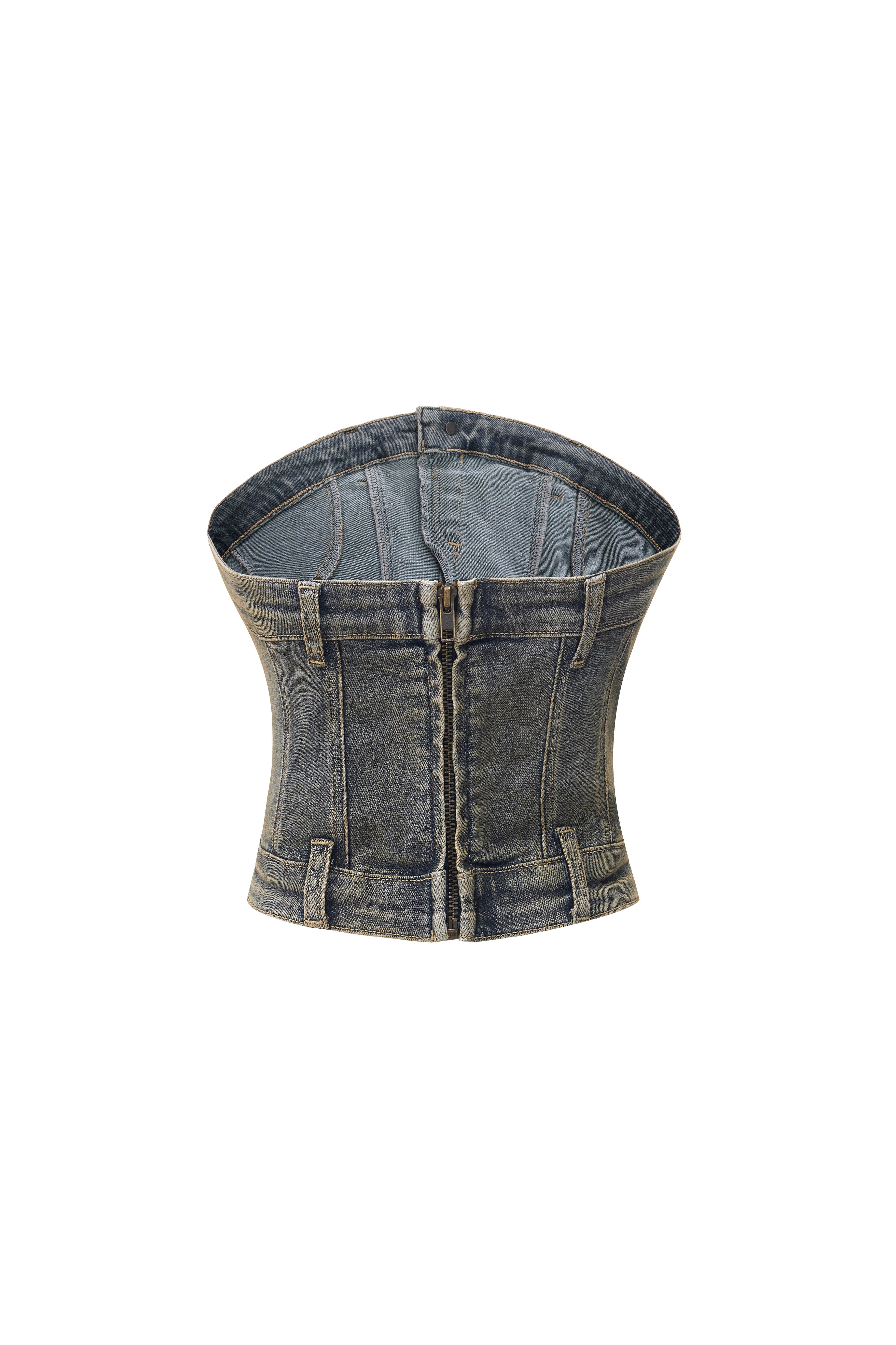 LERROI BLUE VINTAGE STUDDED DENIM BUSTIER BLUE